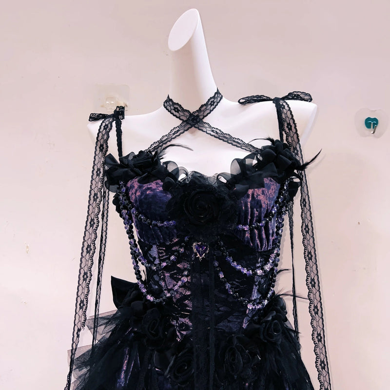 Bewitching Black Lace & Deep Purple Velvet High-Low Dress – Your Ultimate Halloween & Holiday Party Statement
