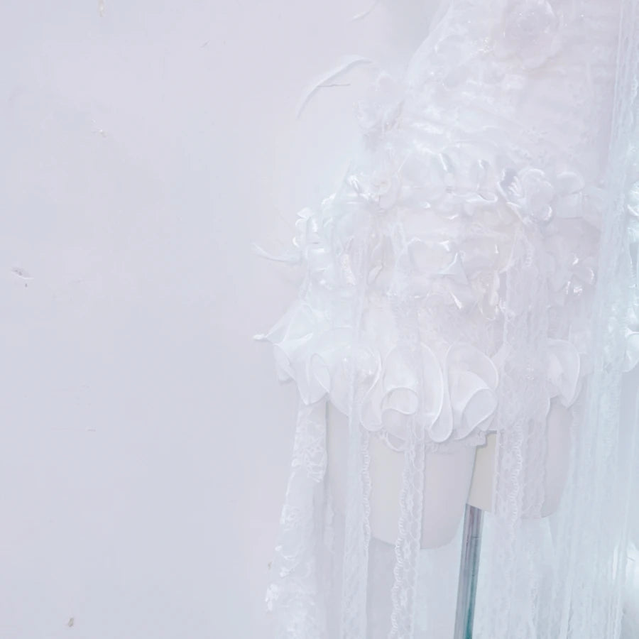 Dreamy White Floral Strapless Mini Dress with Ethereal Sheer Train - Your Holiday & Bridal Moment Statement Piece