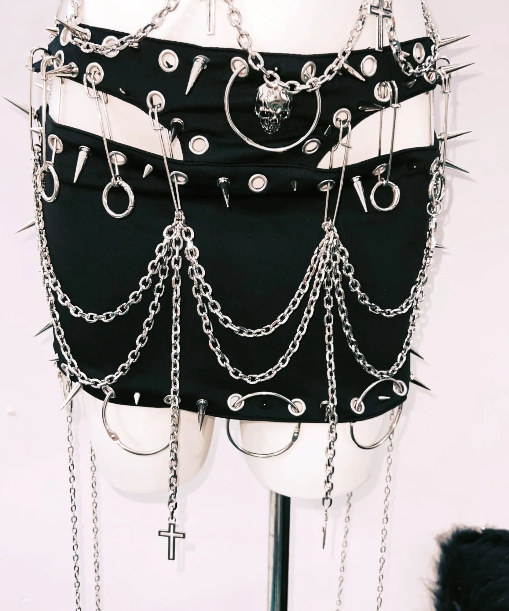 Spiked & Chained Rebel: Goth Rave Harness Top & Mini Skirt Set | Halloween & Festival Ready