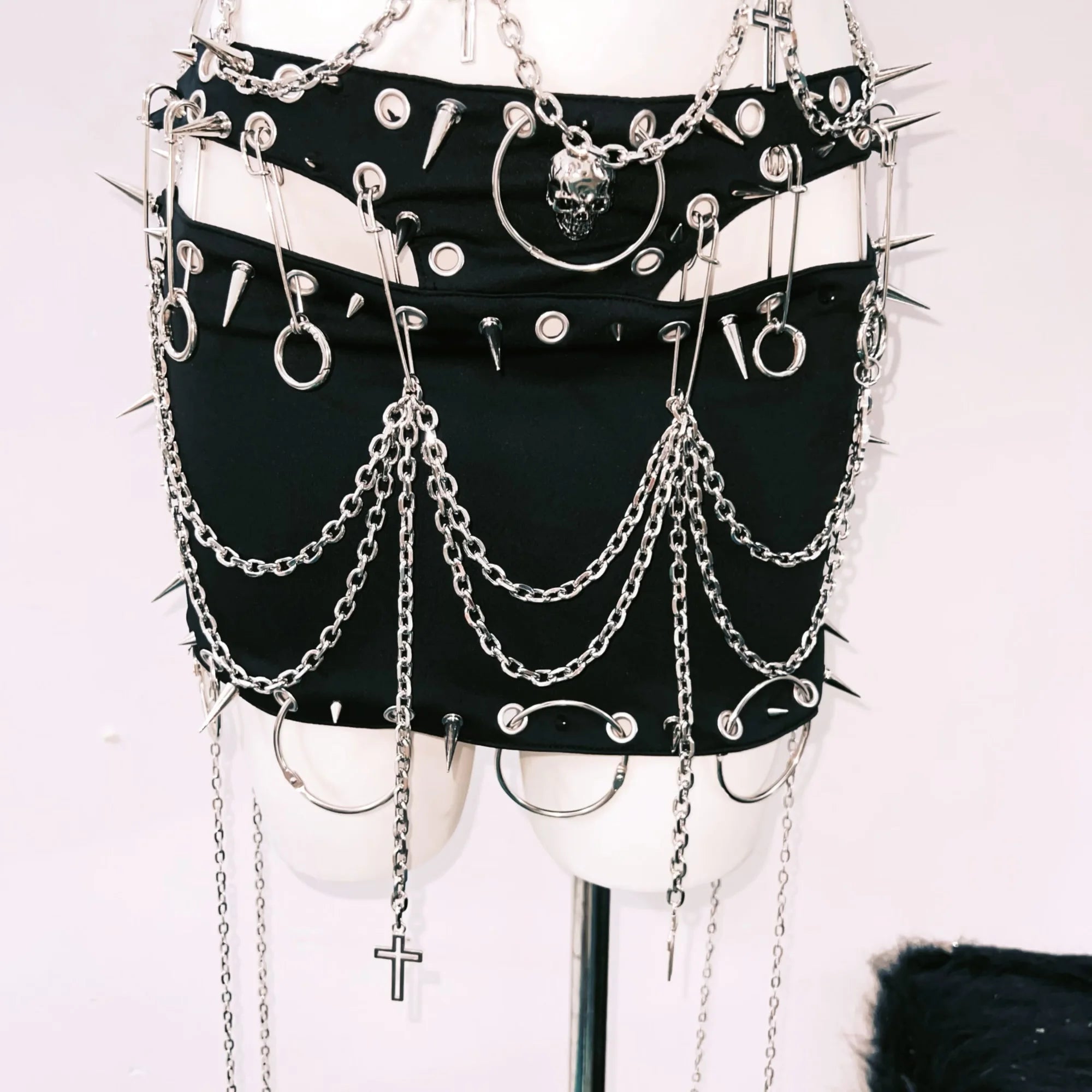 Spiked & Chained Rebel: Goth Rave Harness Top & Mini Skirt Set | Halloween & Festival Ready