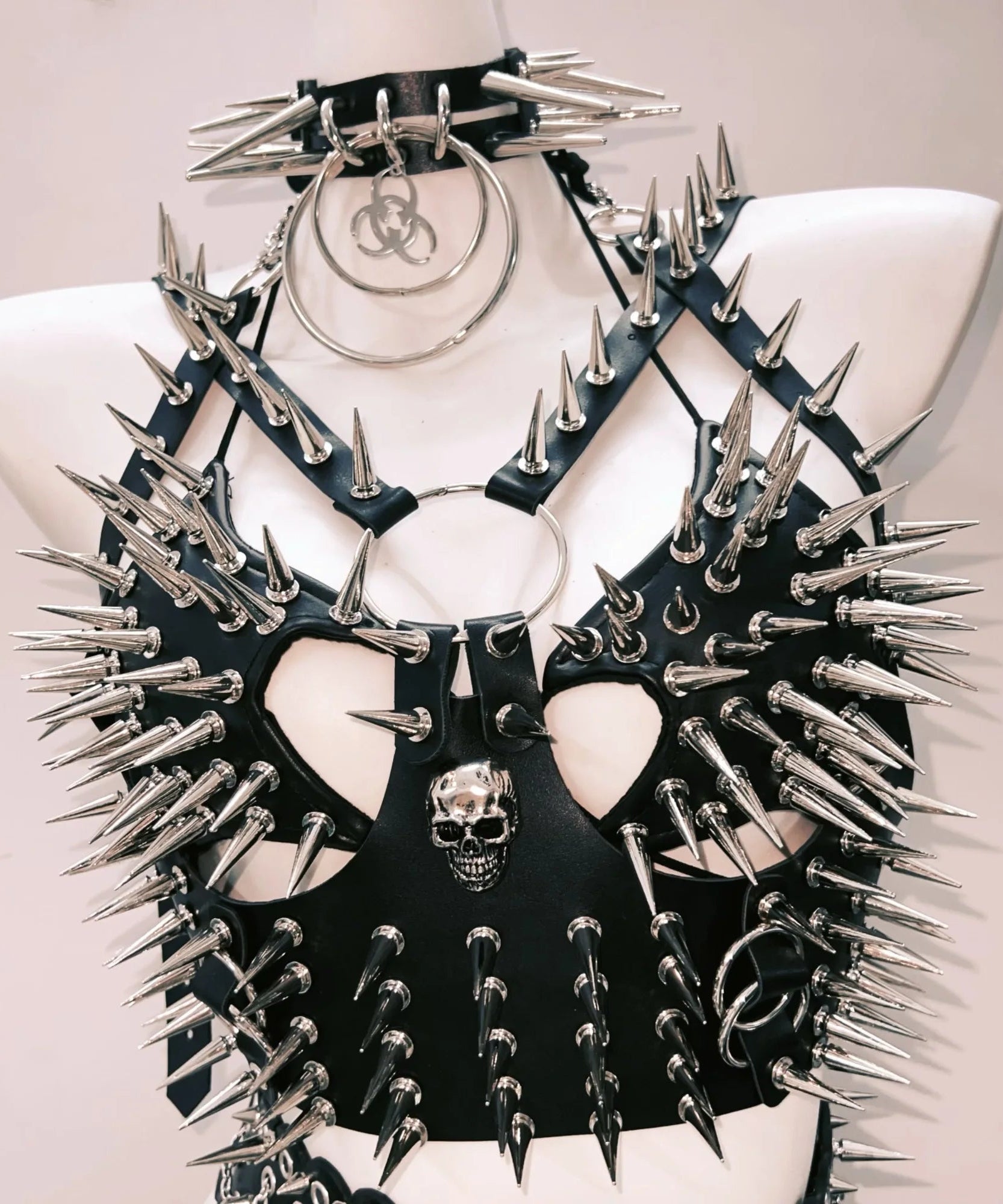 Spiked & Chained Rebel: Goth Rave Harness Top & Mini Skirt Set | Halloween & Festival Ready
