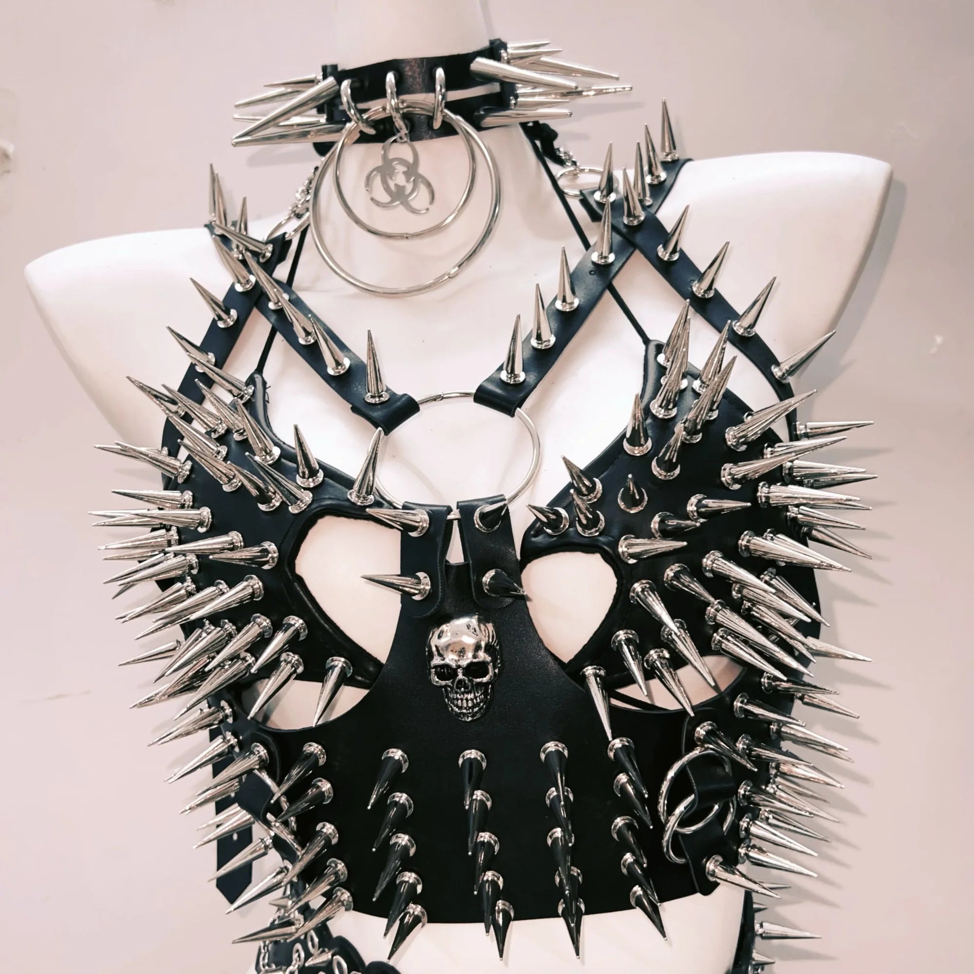 Spiked & Chained Rebel: Goth Rave Harness Top & Mini Skirt Set | Halloween & Festival Ready