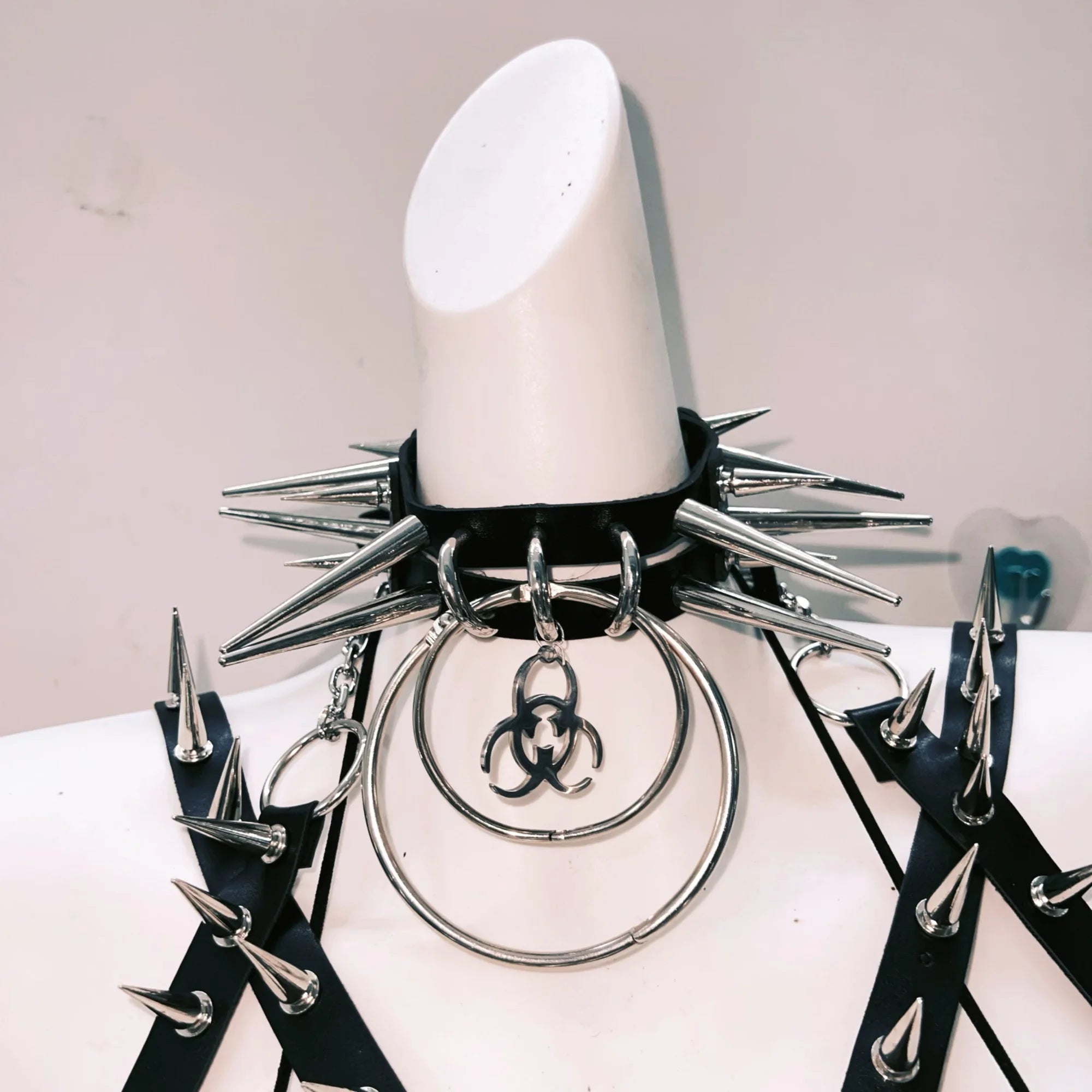 Spiked & Chained Rebel: Goth Rave Harness Top & Mini Skirt Set | Halloween & Festival Ready