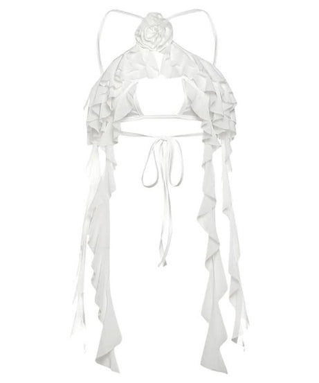 Winter Sun Wanderlust: White Floral Ruffle Halter Crop Top - Your Dream Destination Piece