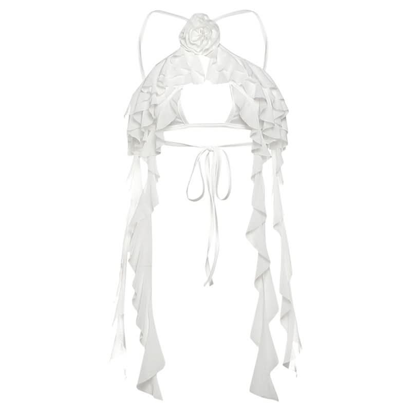 Winter Sun Wanderlust: White Floral Ruffle Halter Crop Top - Your Dream Destination Piece