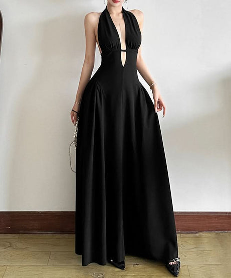 Effortless Glamour: Black Halter Deep V-Neck Cutout Maxi Dress - Your Fall & Holiday Event Essential