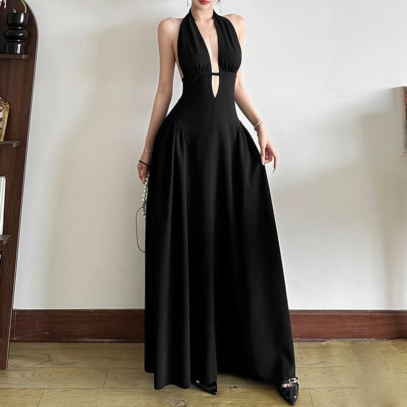 Effortless Glamour: Black Halter Deep V-Neck Cutout Maxi Dress - Your Fall & Holiday Event Essential