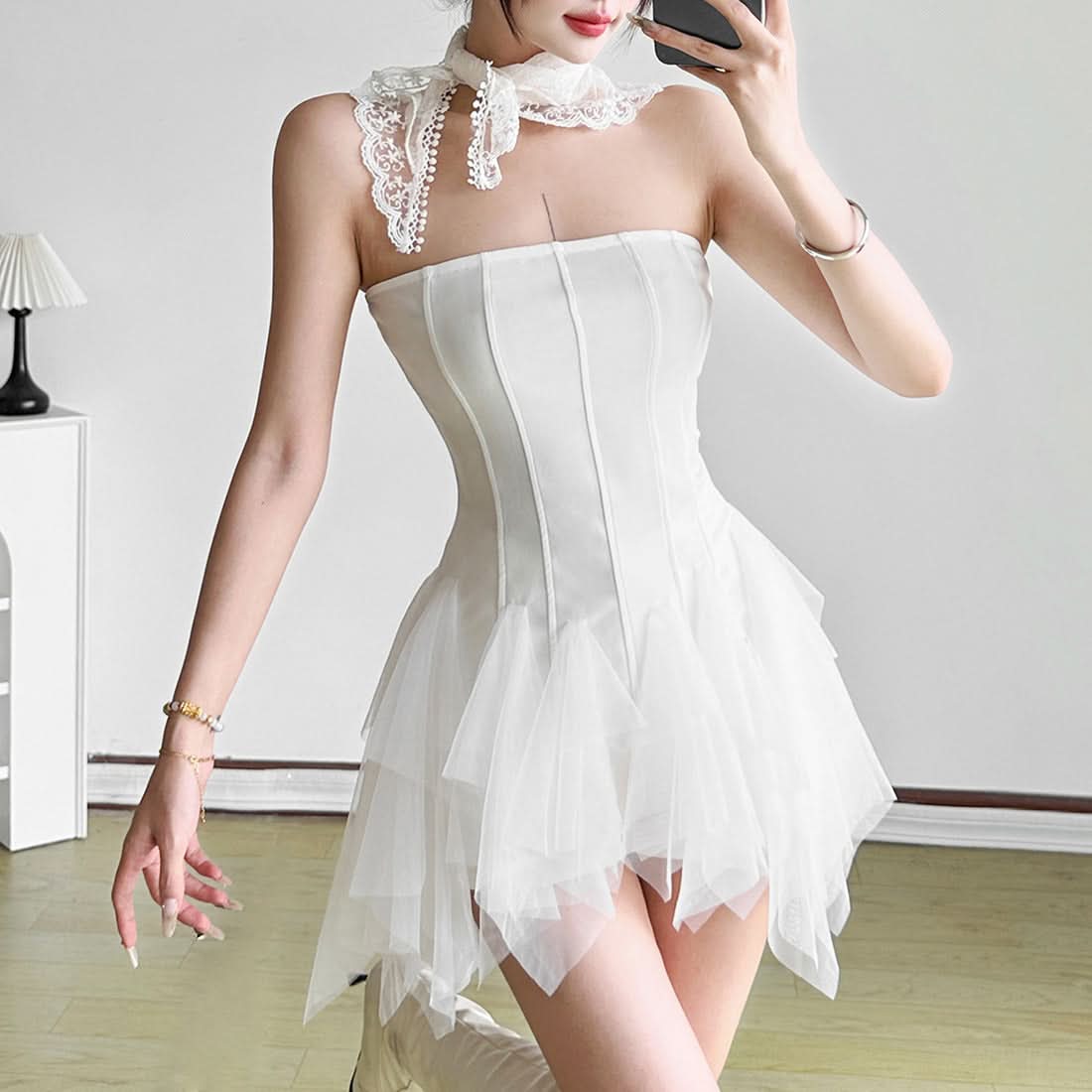 Dreamy White Tulle Corset Mini Dress - Ethereal Elegance for Fall Parties & Halloween