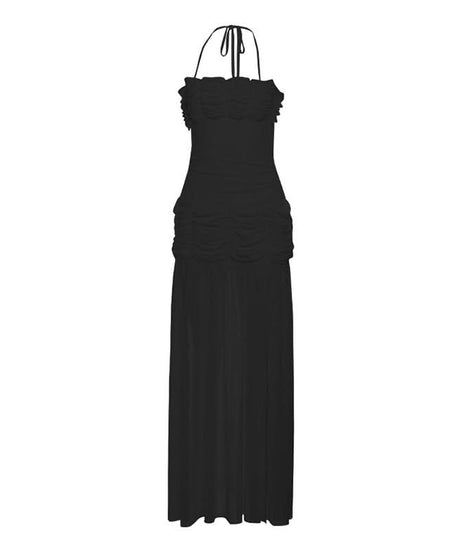 Elegant Black Ruched Halter Maxi Dress with Slit – Perfect for Fall Evenings & Holiday Parties