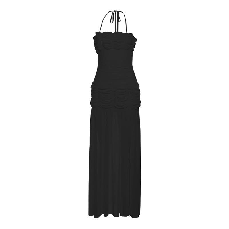 Elegant Black Ruched Halter Maxi Dress with Slit – Perfect for Fall Evenings & Holiday Parties