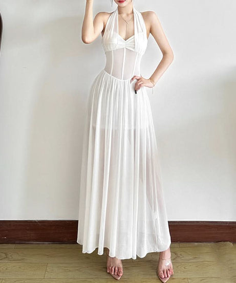 Effortless Glam: White Halter Mesh Corset Maxi Dress - Your Go-To for Holiday Parties & Resort Escapes