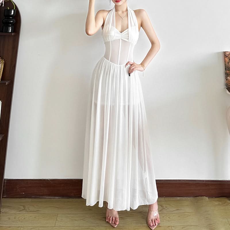 Effortless Glam: White Halter Mesh Corset Maxi Dress - Your Go-To for Holiday Parties & Resort Escapes
