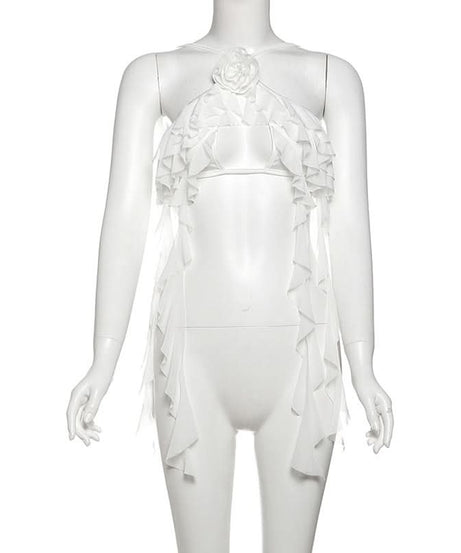 Winter Sun Wanderlust: White Floral Ruffle Halter Crop Top - Your Dream Destination Piece