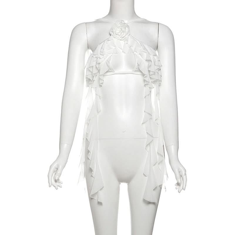 Winter Sun Wanderlust: White Floral Ruffle Halter Crop Top - Your Dream Destination Piece