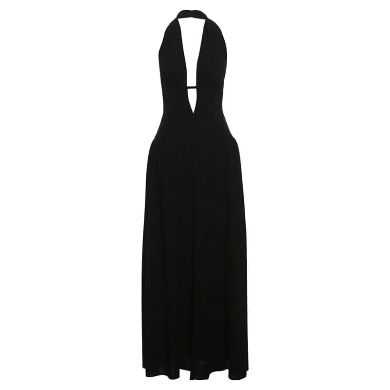 Effortless Glamour: Black Halter Deep V-Neck Cutout Maxi Dress - Your Fall & Holiday Event Essential