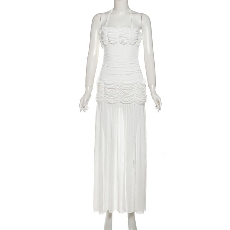 Elegant Black Ruched Halter Maxi Dress with Slit – Perfect for Fall Evenings & Holiday Parties