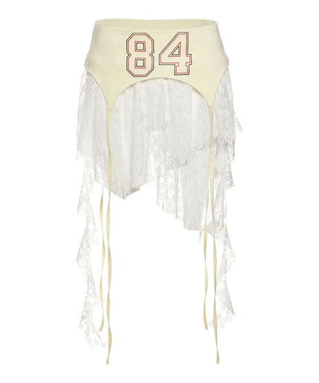 Bold '84' Retro Lace Mini Skirt - Asymmetrical Ruffle Style for Fall Nights