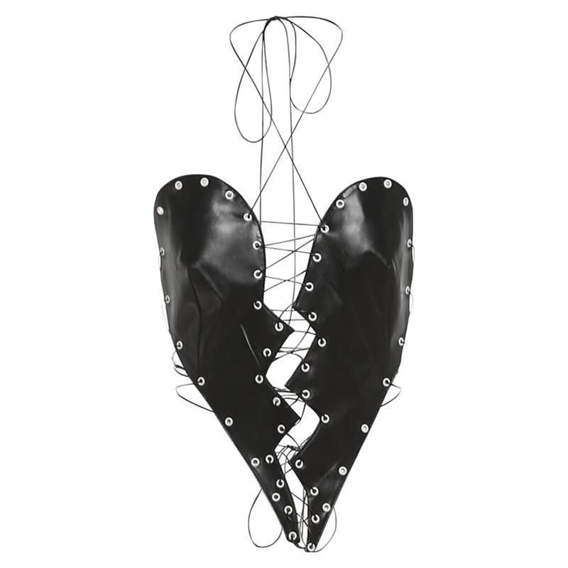 Edgy Faux Leather Heartbreak Halter Crop Top | Lace-Up Style for Halloween & Fall Nights