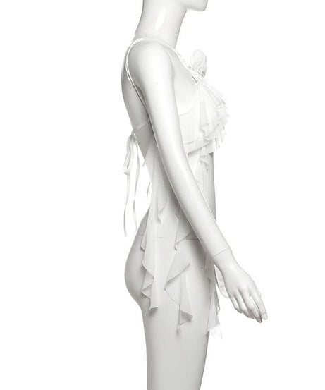 Winter Sun Wanderlust: White Floral Ruffle Halter Crop Top - Your Dream Destination Piece