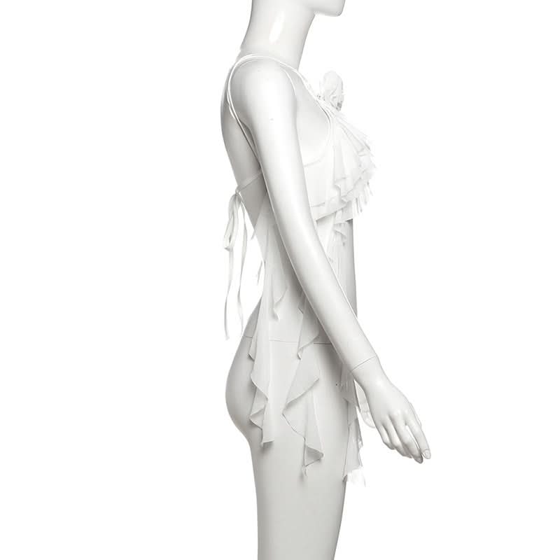 Winter Sun Wanderlust: White Floral Ruffle Halter Crop Top - Your Dream Destination Piece