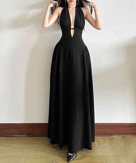Effortless Glamour: Black Halter Deep V-Neck Cutout Maxi Dress - Your Fall & Holiday Event Essential