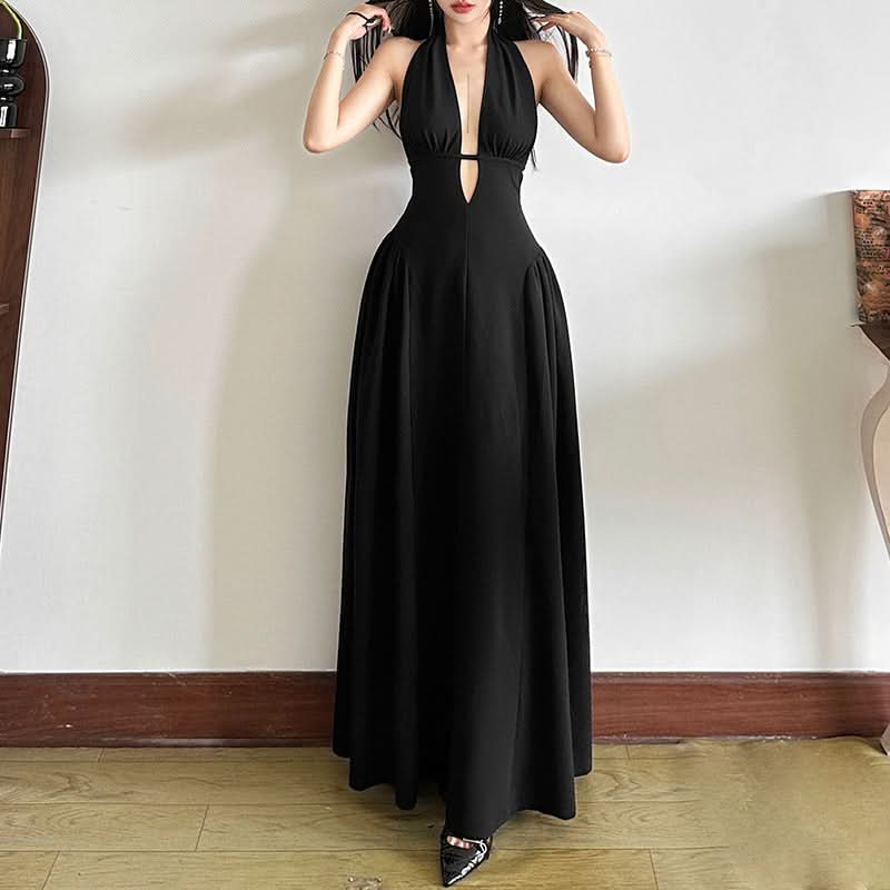 Effortless Glamour: Black Halter Deep V-Neck Cutout Maxi Dress - Your Fall & Holiday Event Essential