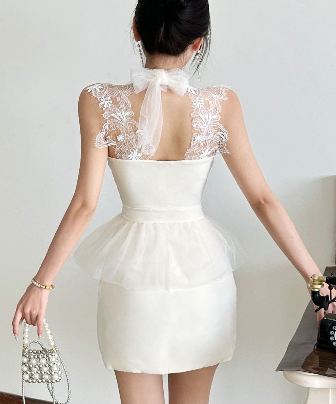 Chic White Lace Halter Mini Dress - Elegant Backless Peplum Style for Fall & Holiday Parties