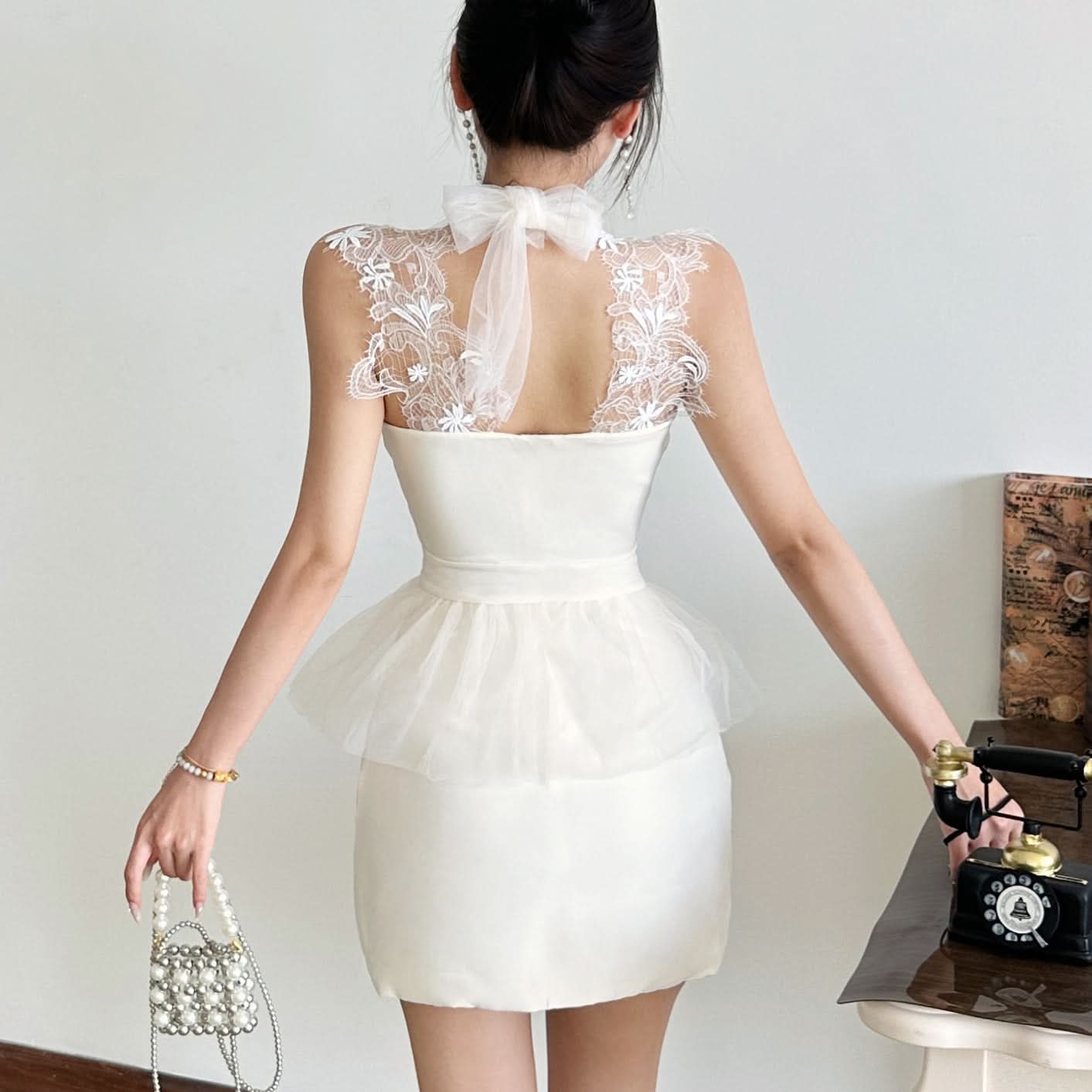 Chic White Lace Halter Mini Dress - Elegant Backless Peplum Style for Fall & Holiday Parties