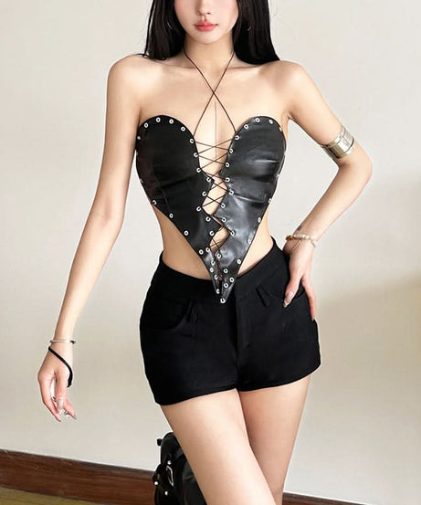 Edgy Faux Leather Heartbreak Halter Crop Top | Lace-Up Style for Halloween & Fall Nights