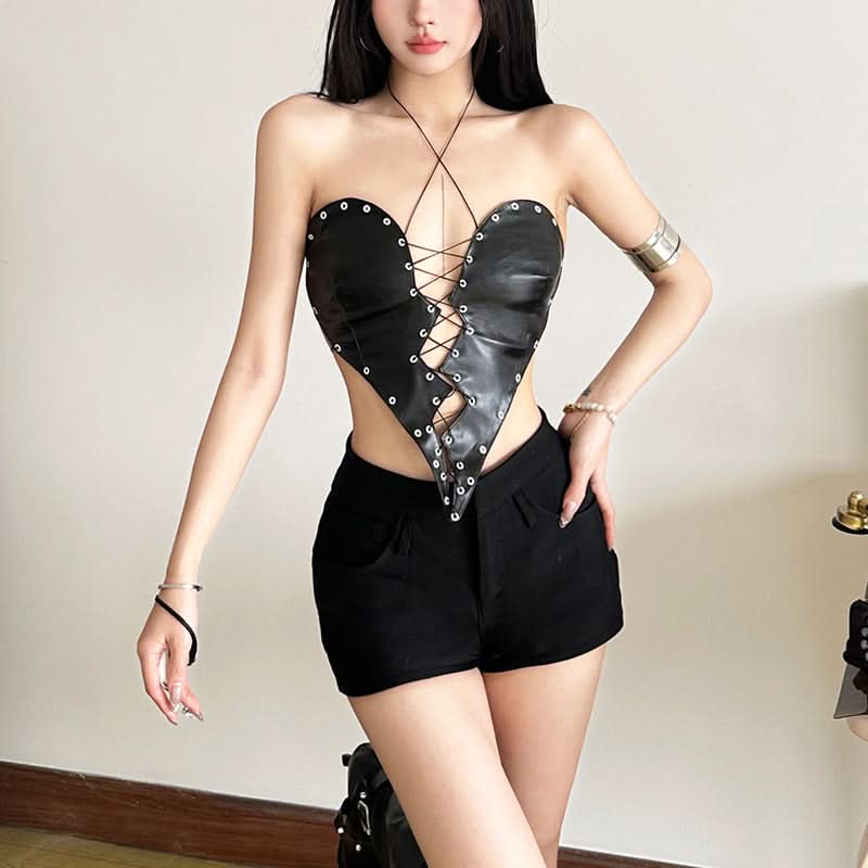Edgy Faux Leather Heartbreak Halter Crop Top | Lace-Up Style for Halloween & Fall Nights