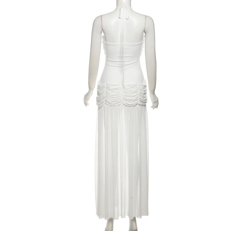 Elegant Black Ruched Halter Maxi Dress with Slit – Perfect for Fall Evenings & Holiday Parties