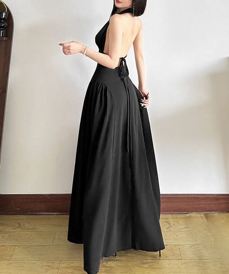 Effortless Glamour: Black Halter Deep V-Neck Cutout Maxi Dress - Your Fall & Holiday Event Essential