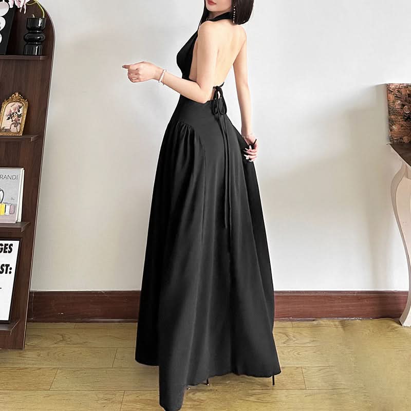 Effortless Glamour: Black Halter Deep V-Neck Cutout Maxi Dress - Your Fall & Holiday Event Essential
