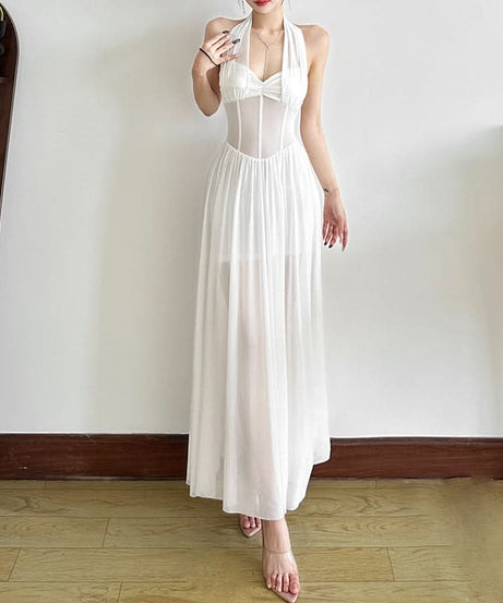 Effortless Glam: White Halter Mesh Corset Maxi Dress - Your Go-To for Holiday Parties & Resort Escapes