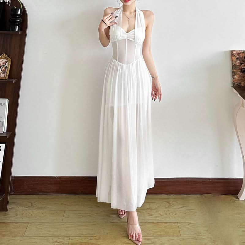 Effortless Glam: White Halter Mesh Corset Maxi Dress - Your Go-To for Holiday Parties & Resort Escapes