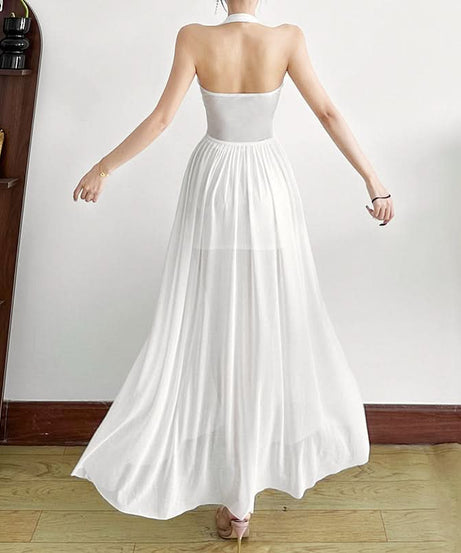 Effortless Glam: White Halter Mesh Corset Maxi Dress - Your Go-To for Holiday Parties & Resort Escapes