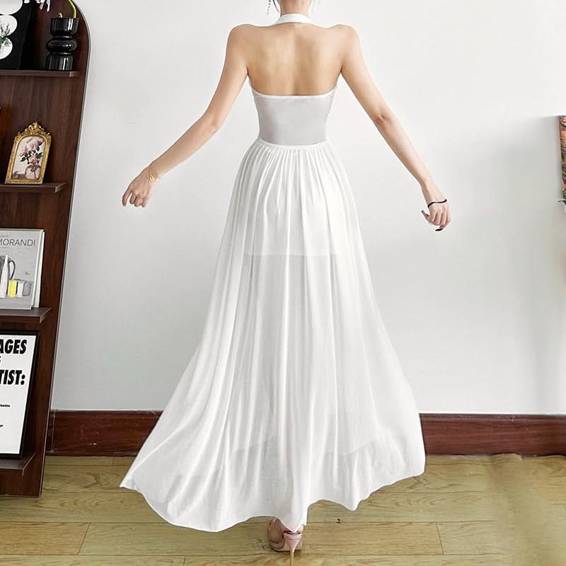 Effortless Glam: White Halter Mesh Corset Maxi Dress - Your Go-To for Holiday Parties & Resort Escapes