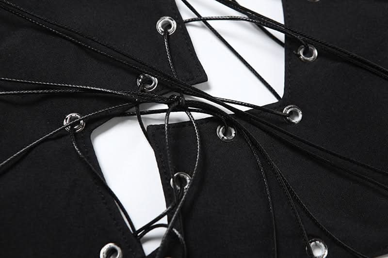 Edgy Faux Leather Heartbreak Halter Crop Top | Lace-Up Style for Halloween & Fall Nights
