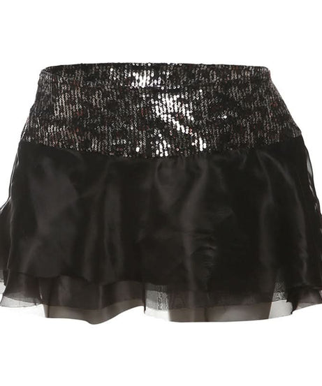 Sparkling Black Sequin Ruffle Mini Skirt - Perfect for Halloween & Holiday Parties!