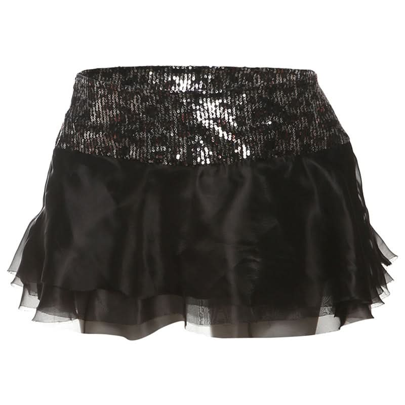 Sparkling Black Sequin Ruffle Mini Skirt - Perfect for Halloween & Holiday Parties!