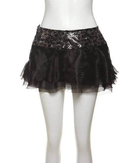 Sparkling Black Sequin Ruffle Mini Skirt - Perfect for Halloween & Holiday Parties!