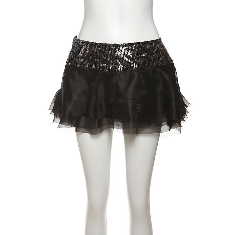 Sparkling Black Sequin Ruffle Mini Skirt - Perfect for Halloween & Holiday Parties!