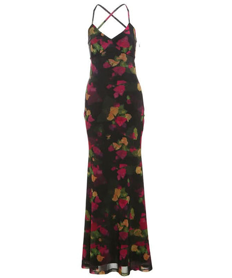 Elegant Autumn Bloom Cross-Back V-Neck Maxi Dress – Fall Floral Chic