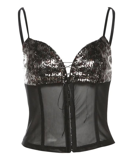 Sparkle & Slay: Sequin Mesh Corset Cami Top - Perfect for Halloween, Fall Parties & Holiday Glam!