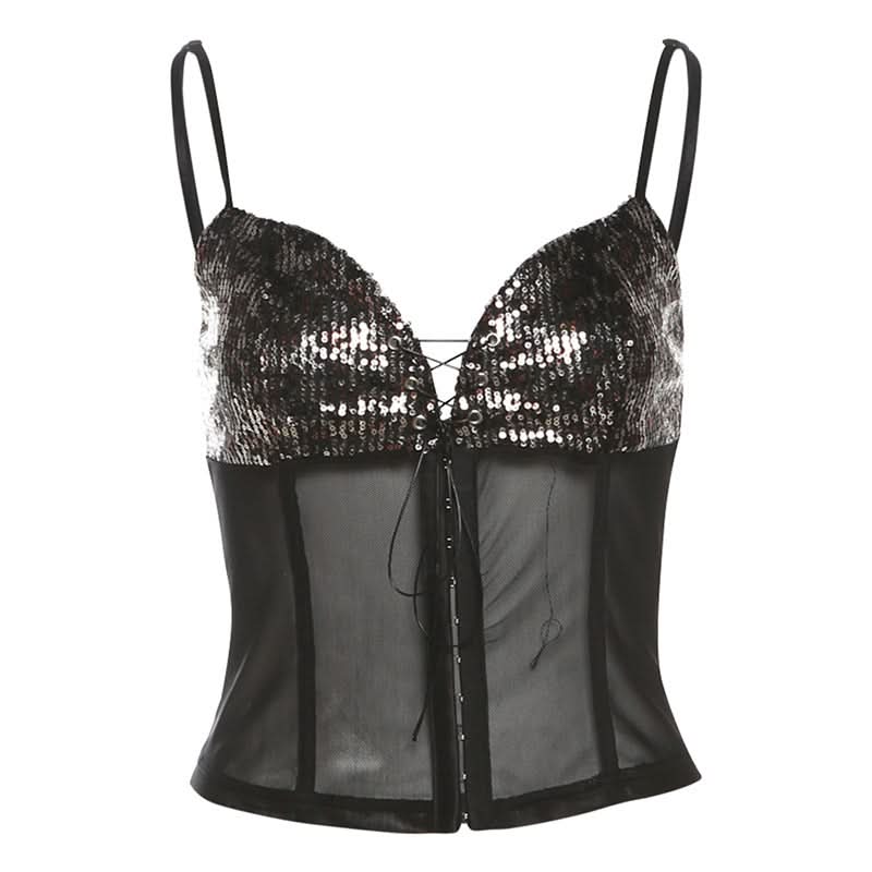 Sparkle & Slay: Sequin Mesh Corset Cami Top - Perfect for Halloween, Fall Parties & Holiday Glam!
