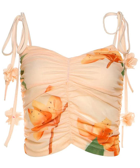 Vibrant Fall Bloom Ruched Mesh Crop Top - Adjustable Tie-Shoulder Cami for Chic Getaways & Resort Style