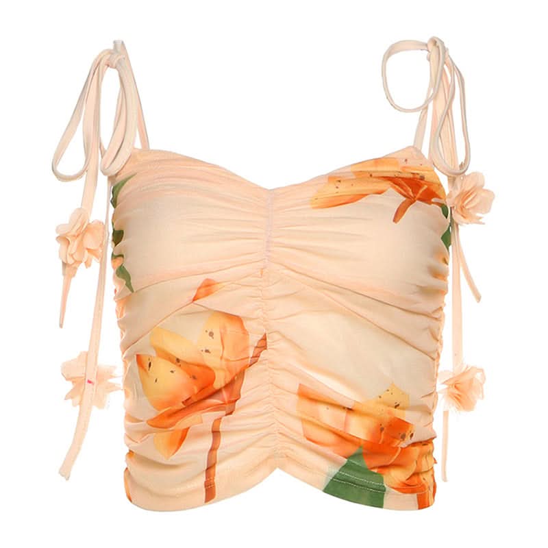 Vibrant Fall Bloom Ruched Mesh Crop Top - Adjustable Tie-Shoulder Cami for Chic Getaways & Resort Style