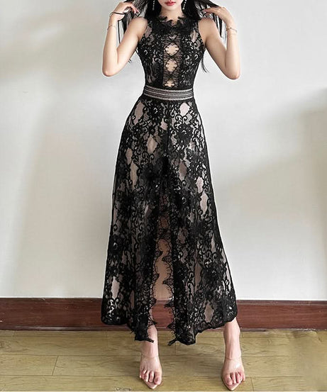 Alluring Black Lace Illusion Midi Dress | Fall & Holiday Soirée Elegance