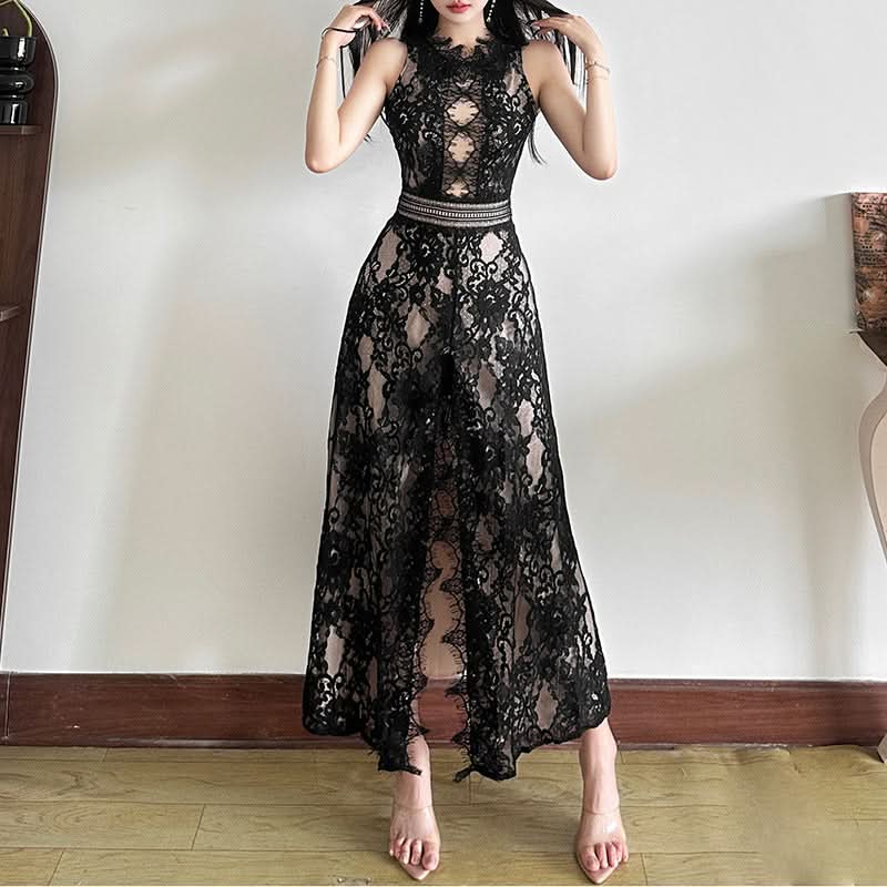 Alluring Black Lace Illusion Midi Dress | Fall & Holiday Soirée Elegance