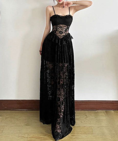 Enchanting Black Lace Corset Maxi Dress - Sheer Skirt for Fall Evenings & Holiday Parties
